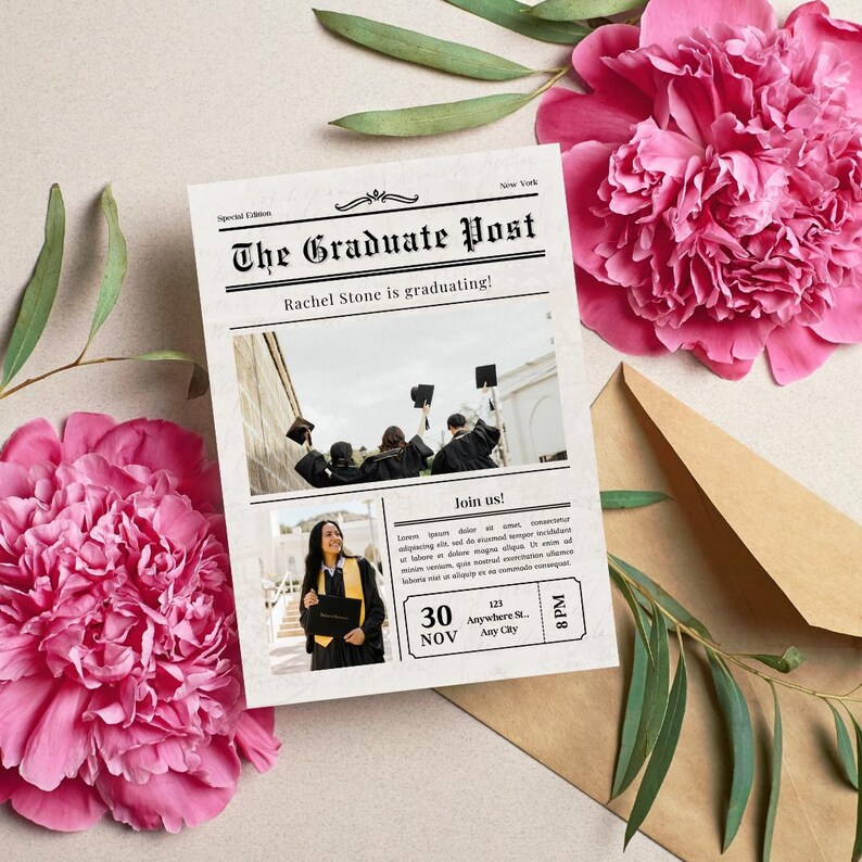 May include: A graduation announcement in the style of a newspaper with a photo of a graduate and the text "The Graduate Post" and "Rachel Stone is graduating!"  Join us! 30 NOV 123 Anywhere St. Any City 8 PM