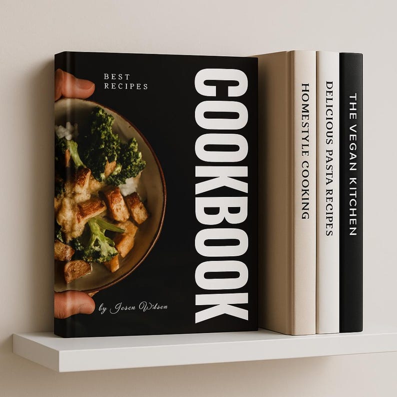 Op de afbeelding: Een stapel kookboeken op een witte plank. Het voorste boek is zwart met het woord "COOKBOOK" in grote witte letters. De omslag toont een foto van een gerecht met broccoli en kip. Andere boeken zijn "Homestyle Cooking" en "Delicious Pasta Recipes".
