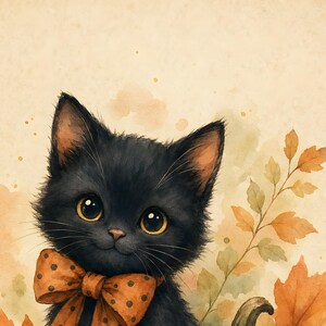 May include: A black kitten with large amber eyes wearing an orange bow tie with black polka dots. The kitten is surrounded by watercolor-style autumn leaves in shades of orange and yellow against a light, textured cream-colored background.