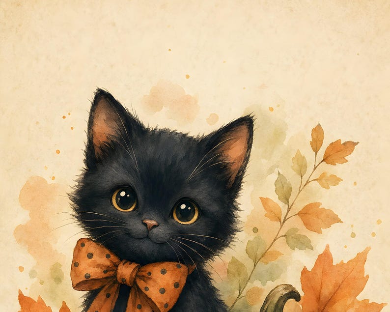 May include: A black kitten with large amber eyes wearing an orange bow tie with black polka dots. The kitten is surrounded by watercolor-style autumn leaves in shades of orange and yellow against a light, textured cream-colored background.