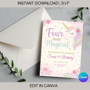 Puede incluir: Una invitaci&oacute;n imprimible rosa y blanca con una ilustraci&oacute;n de unicornio. El texto dice "Four ever Magical" e incluye detalles para una fiesta de cumplea&ntilde;os. La invitaci&oacute;n mide 5 pulgadas por 7 pulgadas y se puede editar en Canva.