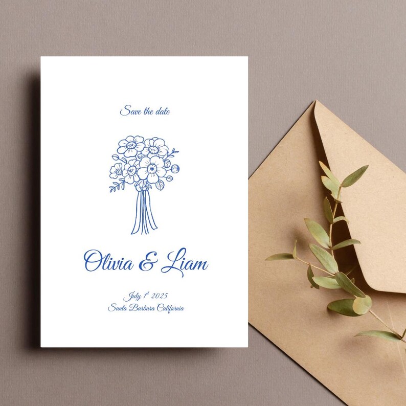 Puede incluir: Tarjeta de guardar la fecha con una ilustraci&oacute;n floral azul y el texto "Olivia & Liam"  "1 de julio de 2025" "Santa Barbara, California"