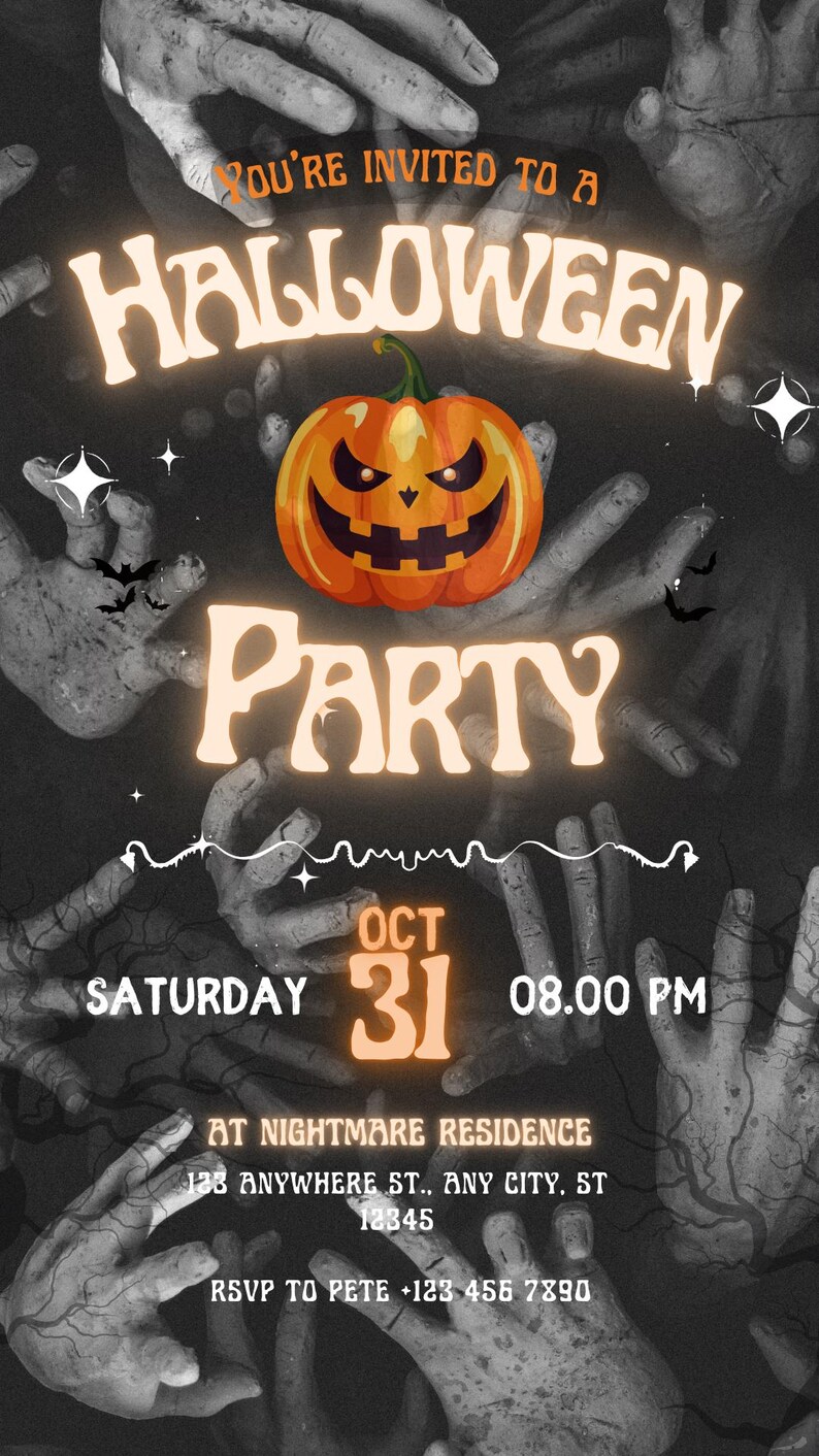 May include: Halloween party invitation with a spooky theme. The design features a glowing orange jack-o'-lantern, skeletal hands, and the text "You're Invited to a Halloween Party." The date is October 31st at 8:00 PM.