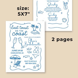 May include: Two-page invitation with a beach theme for Olivia's Bachelorette party. The invitation is 5x7 inches and features blue line art with text, including the dates June 14-16 in Charleston, SC, and RSVP information.