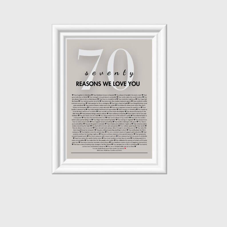 May include: A printable 70th birthday card with a gray background and white text. The text reads "70 seventy reasons we love you" and lists 70 reasons why someone is loved.
