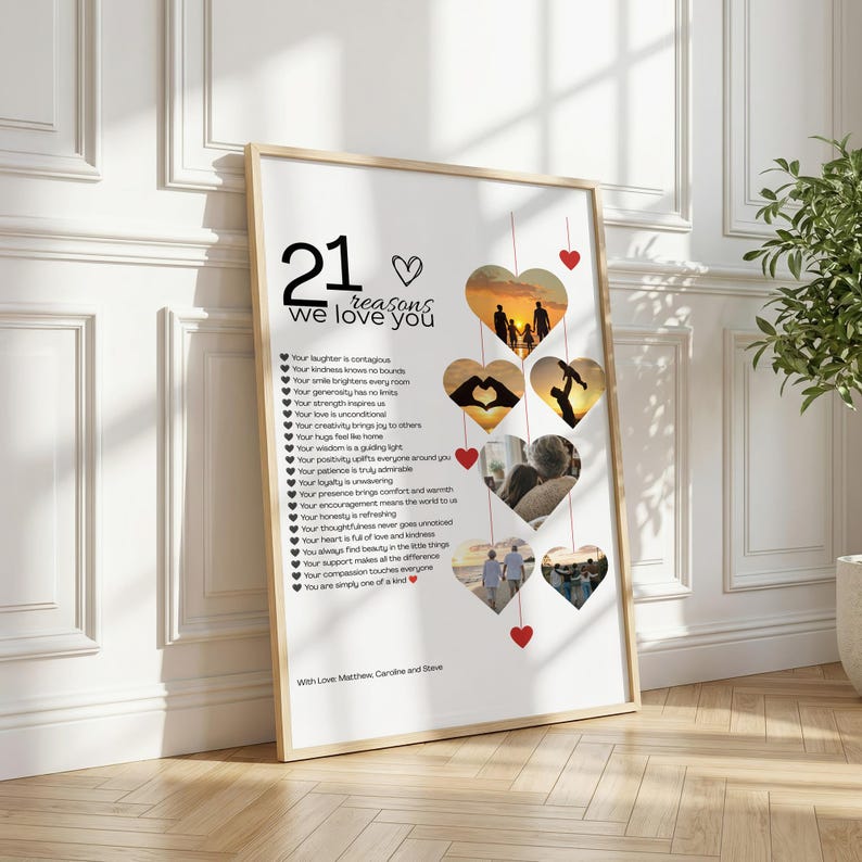 Cadeau pour son 21e anniversaire : 21 raisons pour lesquelles nous t’aimons (cœurs photo), modèle Canva modifiable, téléchargement numérique image 4