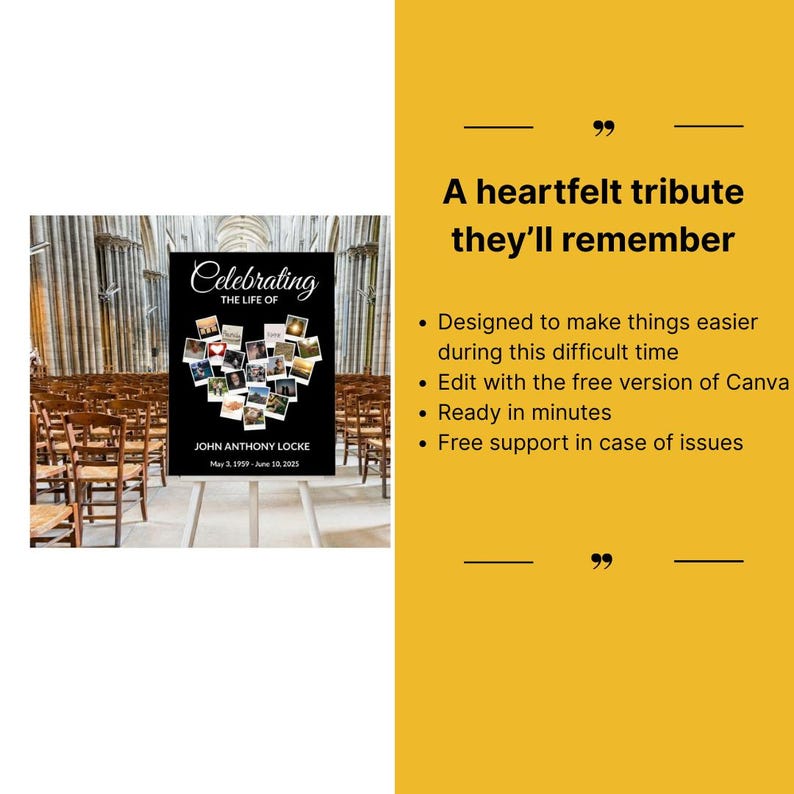 May include: A black memorial sign with the text "Celebrating the Life of" and the name "John Anthony Locke" with dates. The sign includes a heart-shaped collage of photos. The background is a church interior.