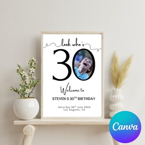 Peut inclure: Un panneau d'anniversaire encadr&eacute; avec le texte "look who's 30" et "Welcome to STEVEN S 30TH BIRTHDAY". Le panneau comprend une photo d'une personne riant et la date "Saturday 30th June 202X, Los Angeles, CA".
