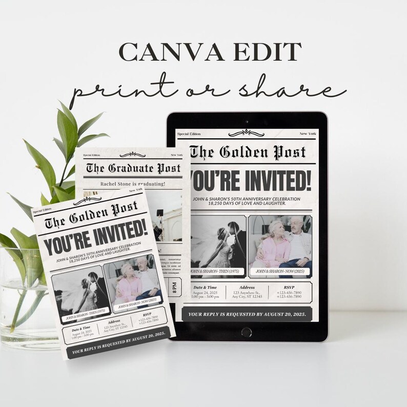 Peut inclure: Une invitation imprimable de style journal pour une c&eacute;l&eacute;bration de 50e anniversaire. L'invitation pr&eacute;sente une photo en noir et blanc du couple dans sa jeunesse et une photo couleur du couple dans sa vieillesse. Le texte indique "Vous &ecirc;tes invit&eacute;s ! C&eacute;l&eacute;bration du 50e anniversaire de John et Sharon 18 250 jours d'amour et de rires".
