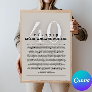 Puede incluir: Una impresi&oacute;n enmarcada con el n&uacute;mero 40 y la palabra alemana "vierzig" en la parte superior, seguida de la frase "GR&Uuml;NDE, WARUM WIR DICH LIEBEN". La impresi&oacute;n contiene una lista de razones por las que alguien es amado. El logotipo de Canva est&aacute; en la esquina inferior derecha.