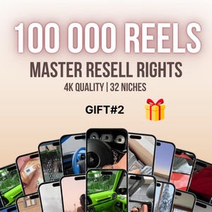 K&ouml;nnte beinhalten: Bild mit dem Text "100 000 REELS, MASTER RESELL RIGHTS, 4K QUALITY | 32 NICHES, GIFT#2". Mehrere Smartphones zeigen verschiedene Bilder, darunter ein Autointerieur und Geld.