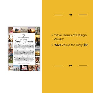 Puede incluir: Un collage de fotos con un coraz&oacute;n y el texto "40 Reasons Why We Love You" rodeado de un borde blanco. El texto "Save Hours of Design Work!" y "$49 Value for Only $9" se enumeran debajo del collage.