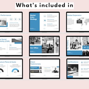 May include: A presentation slide deck with a light blue and white color scheme. The slides include information about financial performance, market entry strategy, corporate social responsibility, future plans and goals, client testimonials, certifications, and global expansion.
