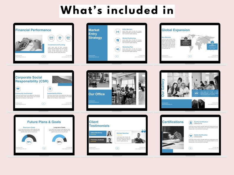 May include: A presentation slide deck with a light blue and white color scheme. The slides include information about financial performance, market entry strategy, corporate social responsibility, future plans and goals, client testimonials, certifications, and global expansion.
