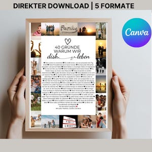 May include: A framed print with a collage of family photos and text in German. The central text reads "40 Reasons Why We Love Life." Additional text includes "Love, Family, Laughter."