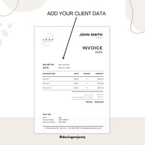 May include: A black and white invoice template with the text "ADD YOUR CLIENT DATA" at the top. The invoice is for John Smith, Lawyer, and is numbered #023. The invoice is dated June 02, 2024, and is billed to Alex Johnson. The invoice includes a description of services, rates, hours, and amounts. The total amount of the invoice is $315.00.