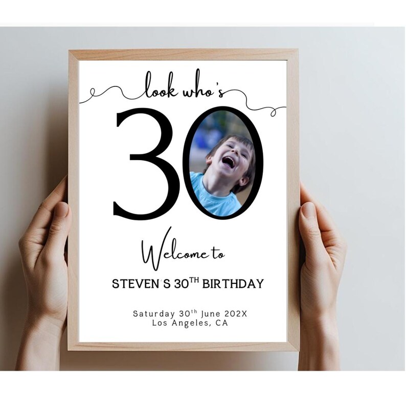 Peut inclure: Un panneau encadr&eacute; pour un 30e anniversaire, avec le texte "look who's 30" et "Welcome to STEVEN'S 30TH BIRTHDAY". Le panneau comprend une photo d'un enfant et la date et le lieu de la f&ecirc;te.