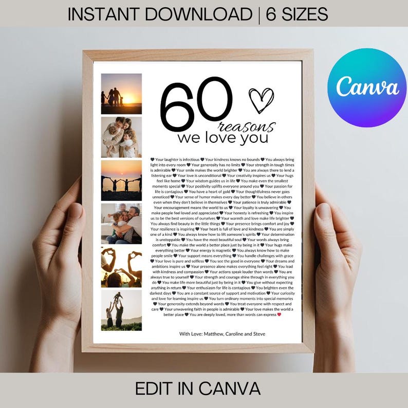 Puede incluir: Un p&oacute;ster imprimible de 60 razones por las que te queremos con un dise&ntilde;o en blanco y negro. El p&oacute;ster presenta un coraz&oacute;n, un n&uacute;mero 60 escrito a mano y una lista de razones. El p&oacute;ster tambi&eacute;n incluye cuatro fotos de una familia.