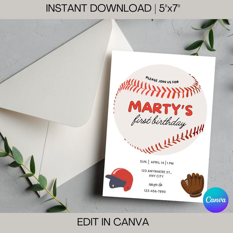 K&ouml;nnte beinhalten: Eine druckbare Baseball-Einladung zum ersten Geburtstag mit einer roten und wei&szlig;en Baseball-Grafik, dem Text "Marty's first birthday" und dem Datum und der Uhrzeit der Party. Die Einladung enth&auml;lt auch eine Baseballm&uuml;tze und einen Handschuh.