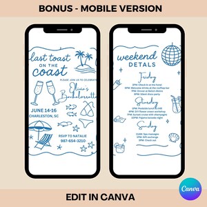 May include: Two smartphones displaying a bachelorette party invitation. The left screen says "Last Toast on the Coast" with event details. The right screen lists the weekend's itinerary. The design is in blue and white.
