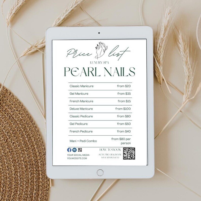 May include: A price list for a nail salon called Pearl Nails. The list includes services like classic manicure, gel manicure, French manicure, deluxe manicure, classic pedicure, gel pedicure, French pedicure, and mani + pedi combo. The prices are listed next to each service. The salon's social media and website are listed at the bottom of the page.