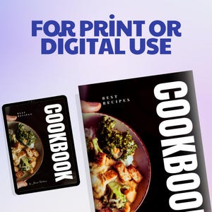 Op de afbeelding: Een kookboek en een tablet met een kookboekcover met het woord "COOKBOOK" in grote witte letters. De kookboekcover toont een foto van een gerecht met broccoli en kip. De tekst "FOR PRINT OR DIGITAL USE" staat bovenaan.
