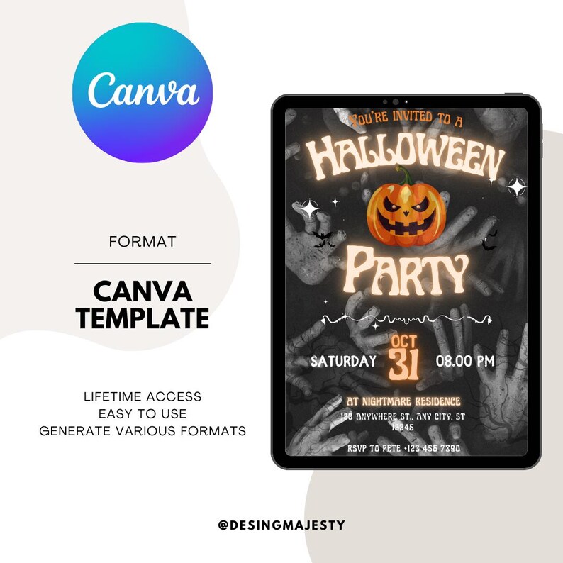 May include: A digital Halloween party invitation template on a tablet. The invitation features a glowing jack-o'-lantern, skeletal hands, and the text "HALLOWEEN PARTY" with the date and time. The Canva template is easy to use.