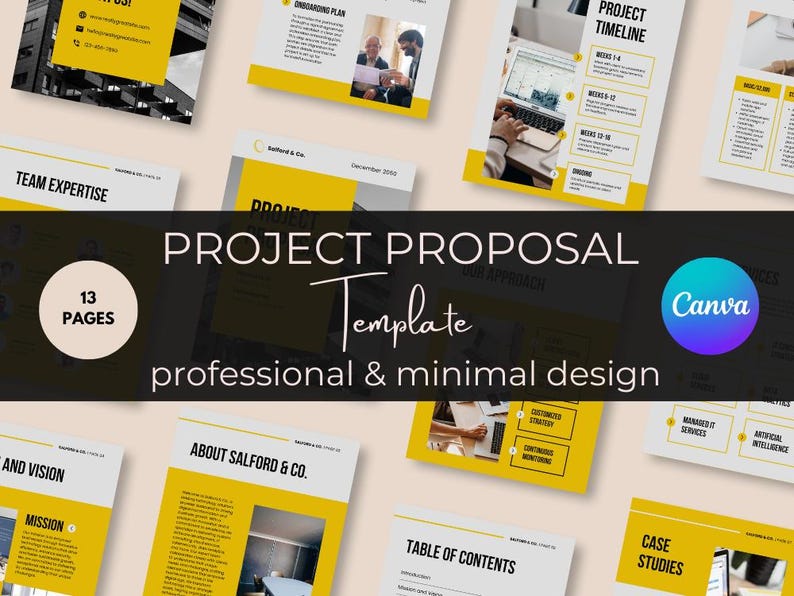 May include: A project proposal template with a yellow and white color scheme. The template is designed for use with Canva and includes 13 pages. The text "Project Proposal Template" is displayed in a large font size. The text "professional & minimal design" is displayed in a smaller font size. The Canva logo is displayed in the upper right corner of the image.