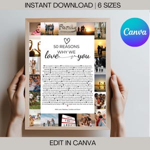 50 razões pelas quais amamos você - presente personalizado de 50º aniversário, lembrança de aniversário para impressão, pôster editável para ele ou ela