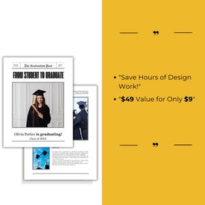 Peut inclure: Un mod&egrave;le d'annonce de dipl&ocirc;m&eacute; en noir et blanc de style journal avec une photo d'un dipl&ocirc;m&eacute; portant une toque et une robe. Le texte indique "The Graduation Post" et "From Student to Graduate". L'annonce comprend &eacute;galement le nom du dipl&ocirc;m&eacute;, "Olivia Parker", et l'ann&eacute;e de la remise des dipl&ocirc;mes, "Class of 20XX".