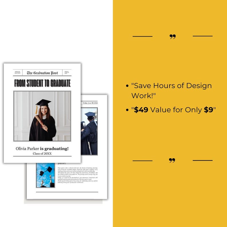 Peut inclure: Un mod&egrave;le d'annonce de dipl&ocirc;m&eacute; en noir et blanc de style journal avec une photo d'un dipl&ocirc;m&eacute; portant une toque et une robe. Le texte indique "The Graduation Post" et "From Student to Graduate". L'annonce comprend &eacute;galement le nom du dipl&ocirc;m&eacute;, "Olivia Parker", et l'ann&eacute;e de la remise des dipl&ocirc;mes, "Class of 20XX".