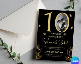 10th Anniversary Invitation: Elegant Black and Gold Photo Template (Digital Download)