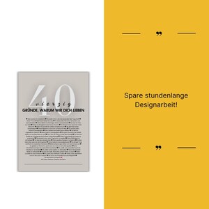 Puede incluir: Una impresi&oacute;n enmarcada con el n&uacute;mero 40 en fuente grande, gris claro, con las palabras "vierzig GR&Uuml;NDE, WARUM WIR DICH LIEBEN" debajo. La impresi&oacute;n est&aacute; sobre un fondo gris claro. El texto "Spare stundenlange Designarbeit!" est&aacute; sobre un fondo amarillo.