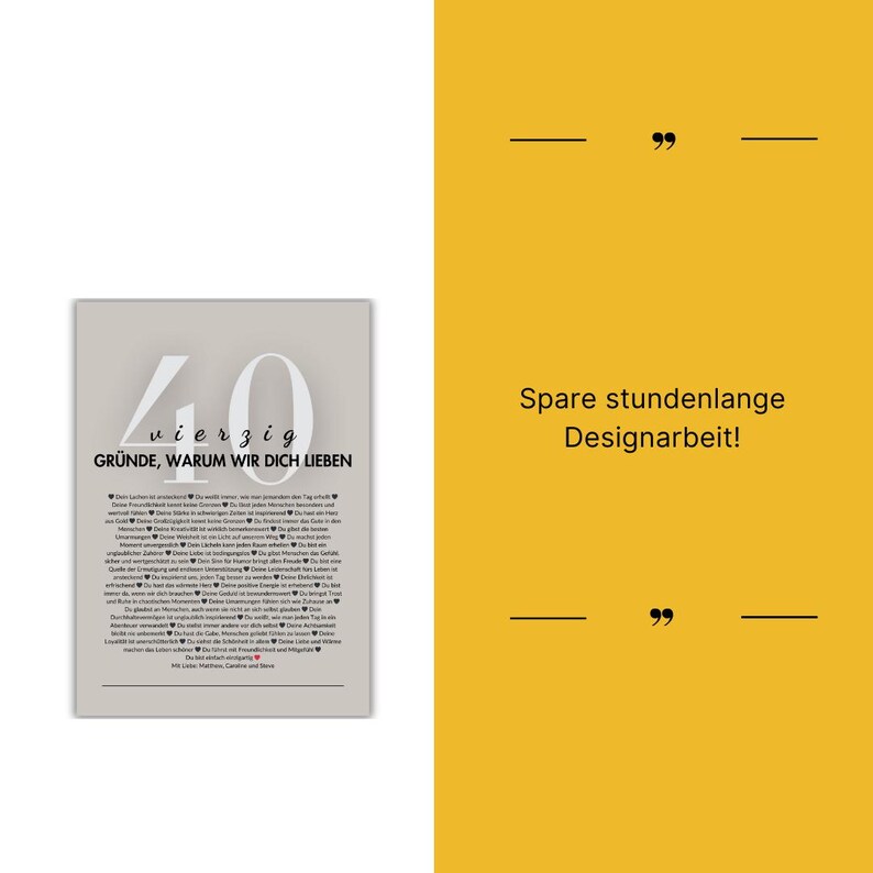 Puede incluir: Una impresi&oacute;n enmarcada con el n&uacute;mero 40 en fuente grande, gris claro, con las palabras "vierzig GR&Uuml;NDE, WARUM WIR DICH LIEBEN" debajo. La impresi&oacute;n est&aacute; sobre un fondo gris claro. El texto "Spare stundenlange Designarbeit!" est&aacute; sobre un fondo amarillo.