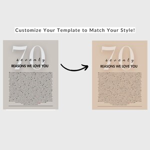 May include: Two printable templates for a 70th birthday celebration. The first template is on a light gray background and the second template is on a light peach background. Both templates feature the number 70 with the word "seventy" underneath. The text "Reasons We Love You" is below the number and word. The text is in black and the background is in a light gray or light peach color.