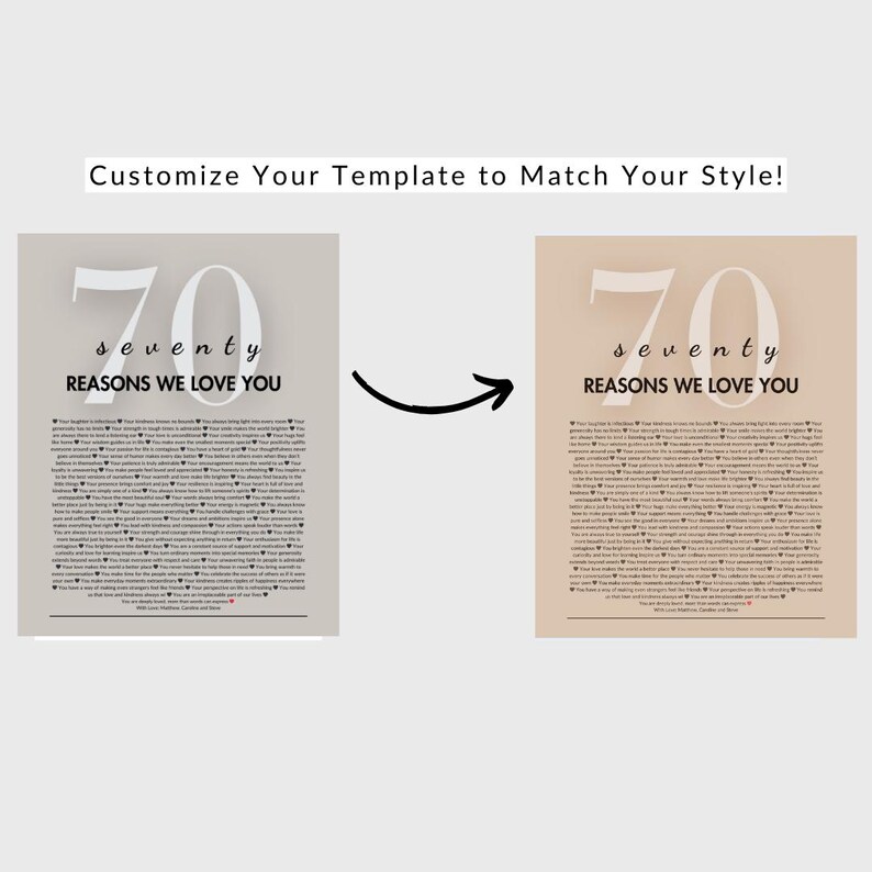May include: Two printable templates for a 70th birthday celebration. The first template is on a light gray background and the second template is on a light peach background. Both templates feature the number 70 with the word "seventy" underneath. The text "Reasons We Love You" is below the number and word. The text is in black and the background is in a light gray or light peach color.