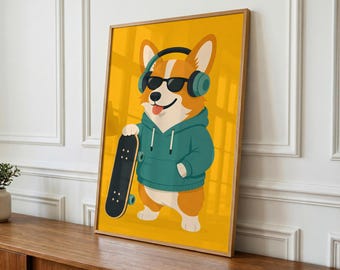 Whimsical Corgi Printable Wall Art, Kids Room Decor, Dog Lover Gift (Digital Download)
