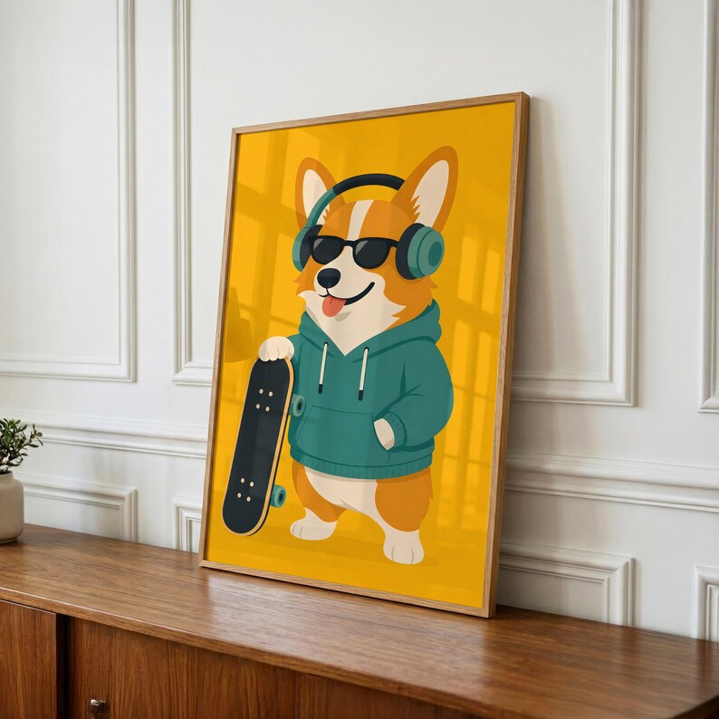 May include: A framed wall art print featuring a cartoon illustration of a tan and white Corgi dog wearing a teal hooded sweatshirt, black sunglasses, and teal headphones. The dog is standing on a bright yellow background holding a black skateboard.