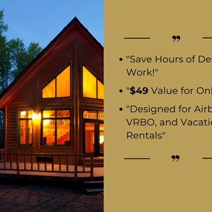 May include: A wooden cabin with large windows, lit up at night. The text reads: "Save Hours of Design Work!"  "$49 Value for Only $9"  "Designed for Airbnb, VRBO, and Vacation Rentals"