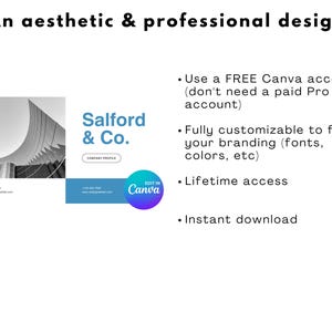 May include: A black and white photo of a modern building with a curved facade. The image is part of a company profile template for Canva, a graphic design platform. The template is customizable and includes the text "Salford & Co."