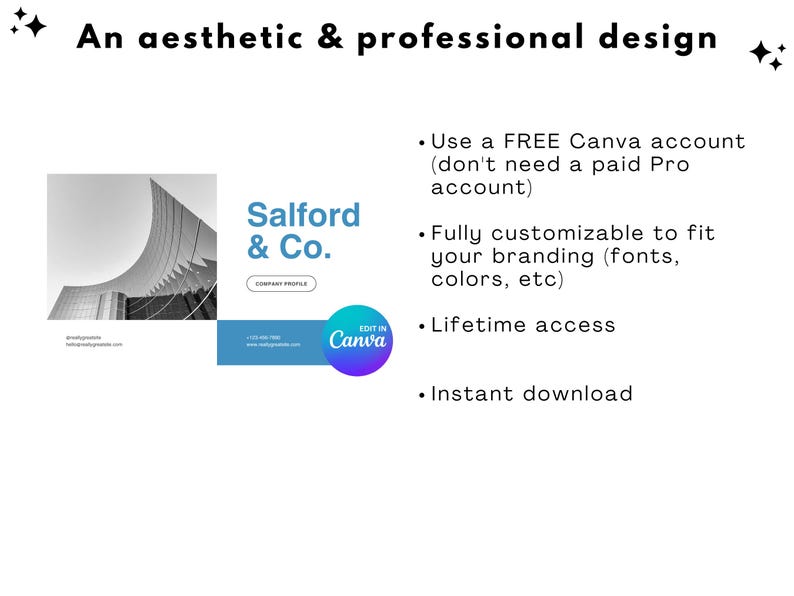 May include: A black and white photo of a modern building with a curved facade. The image is part of a company profile template for Canva, a graphic design platform. The template is customizable and includes the text "Salford & Co."