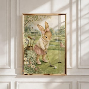 Vintage Sports Nursery Wall Art, Girl Bunny Golfer Print, Playroom Decor, Baby Shower Gift immagine 1