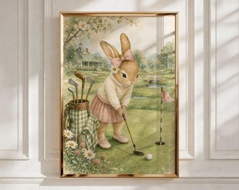 Sztuka ścienna do pokoju dziecięcego w stylu vintage, nadruk z króliczkiem-golfistką, dekoracja pokoju zabaw, prezent na baby shower