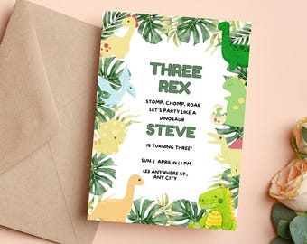 Three Rex Birthday Invitation: Jungle Dinosaur Party (Digital Download)