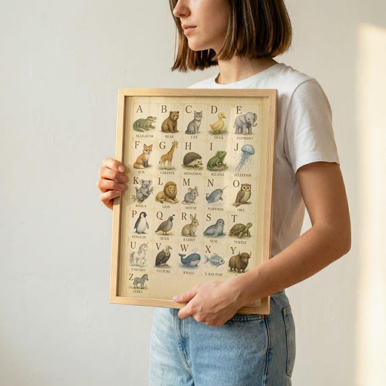 Puede incluir: Un p&oacute;ster educativo rectangular enmarcado que presenta un alfabeto ilustrado de la A a la Z. Cada letra se combina con una ilustraci&oacute;n de animal correspondiente, como un caim&aacute;n para la A, un oso para la B y una cebra para la Z, sobre un fondo beige.
