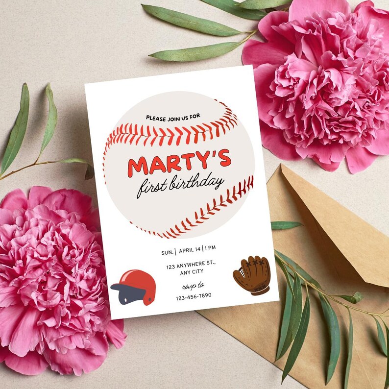 K&ouml;nnte beinhalten: Eine Baseball-Geburtstagseinladung mit einer roten und wei&szlig;en Baseballgrafik, dem Text "Marty's first birthday" und den Details zur Veranstaltung.