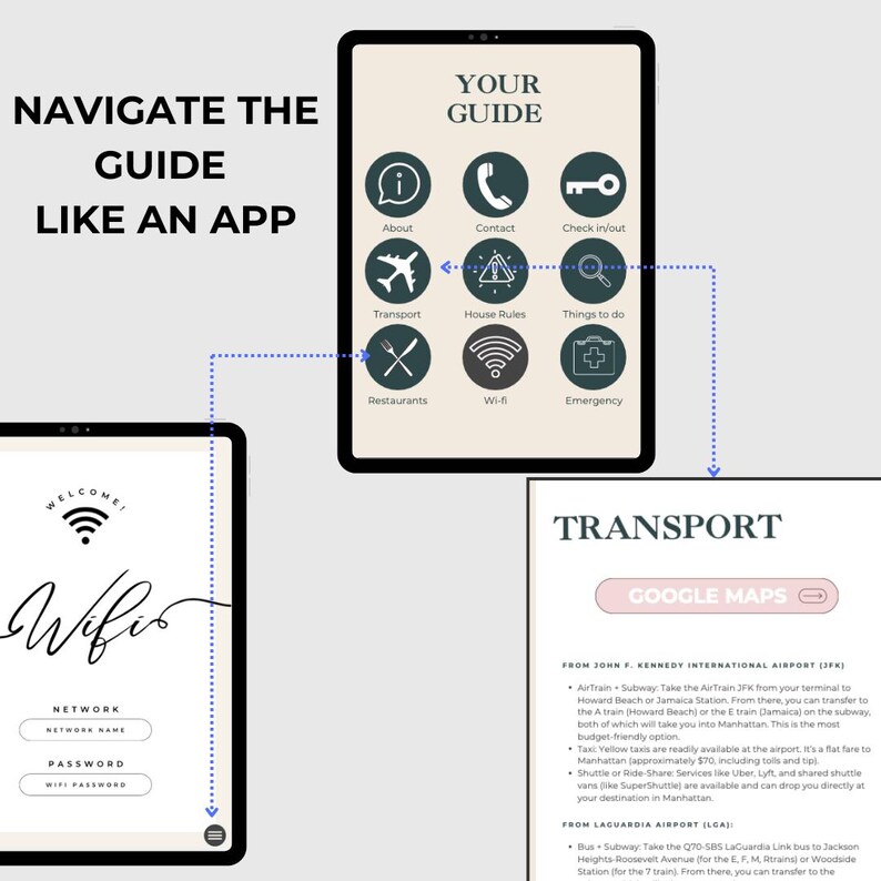 May include: A guide for navigating a hotel or Airbnb, with a screen showing the different options available, including transport, restaurants, Wi-Fi, and emergency services. The guide also includes information on how to get to the hotel from John F. Kennedy International Airport and LaGuardia Airport.