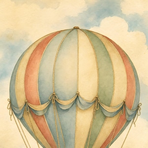 Może przedstawiać: Akwarelowa ilustracja balonu na ogrzane powietrze z pionowymi pasami w stonowanych odcieniach przybrudzonego r&oacute;żu, szałwiowej zieleni i kremu. Balon ozdobiony jest dekoracyjnymi drapowanymi tkaninami i cienkimi linami na tle błękitnego nieba.