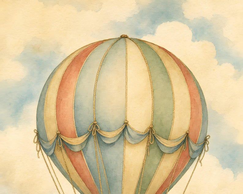 Może przedstawiać: Akwarelowa ilustracja balonu na ogrzane powietrze z pionowymi pasami w stonowanych odcieniach przybrudzonego r&oacute;żu, szałwiowej zieleni i kremu. Balon ozdobiony jest dekoracyjnymi drapowanymi tkaninami i cienkimi linami na tle błękitnego nieba.