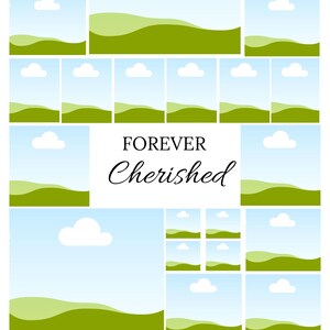 Pu&ograve; includere: Un collage digitale di 16 immagini con un cielo blu con nuvole bianche e colline verdi ondulate. Il testo "FOREVER Cherished" &egrave; centrato al centro del collage.